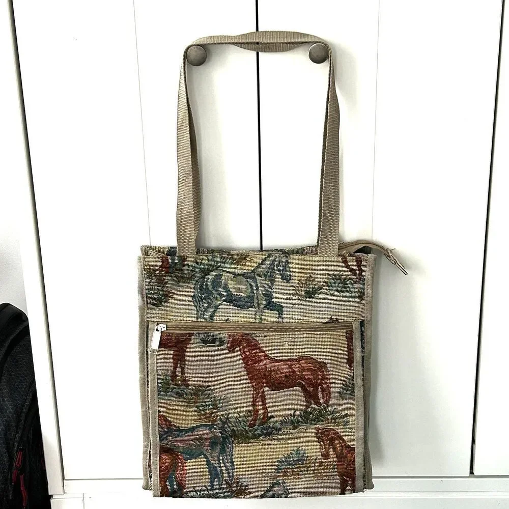 Horse Tapestry Tote Bag Double Handle Zipper Pockets Country Handbag Cottage
